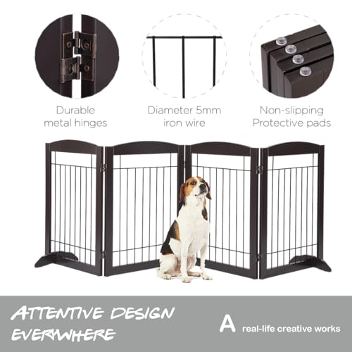 PAWLAND 96-inch Extra Wide Dog gate for The House, Doorway, Stairs, Freestanding Foldable Wire Pet Gate, Set of Support Feet Included (Espresso, 30" Height-4 Panels)