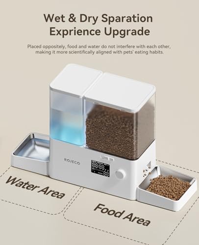 ROJECO Automatic Cat Feeder and Water Dispenser,36Cups/8.5L 2-in-1 Stainless Steel Bowls Large Capacity Cat Food Dispenser and Gravity Water Fountain for Cats Small Dogs Puppies Kittens Pets