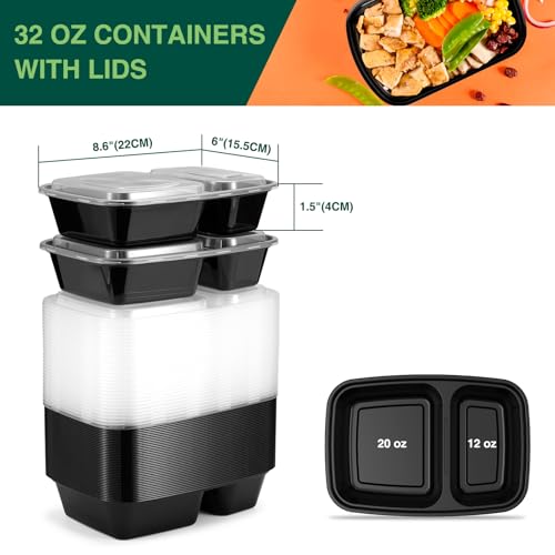 50 Pack (100-Piece) 32 oz Sturdy Leakproof 2-Compartment Meal Prep Containers with Lids, Plastic Food Storage Containers for Lunch, Microwave, Freezer, and Dishwasher Safe Takeout Containers