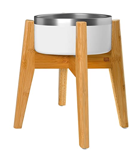 Dog Bowl Stand (14-inch High) - Ideal for Large Breeds, Use to Elevate, Raise Pet Dishes, Water Fountains and Slow Feeders - Adjustable Sideways, Bamboo - (Bowls not Included)
