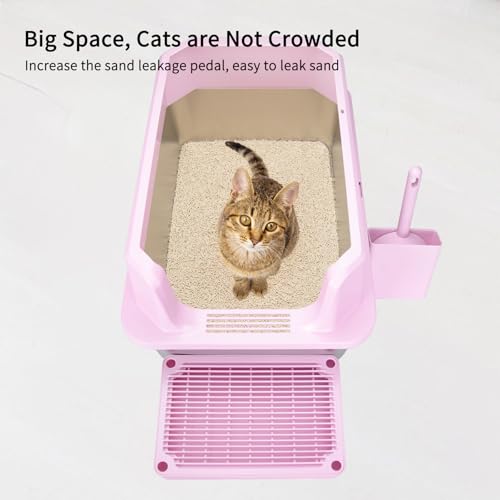 RIZZARI Large Pink Stainless Steel Cat Litter Box - Open-Top with Non-Stick Coating, High Sides Splash-Proof, Easy Clean for Cats up to 20 lbs, Ideal for Living Rooms & Apartments