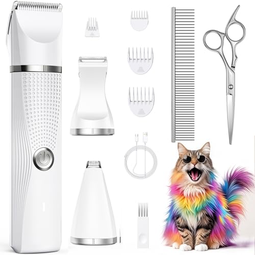 Bautrium Cat Grooming Clippers Kit with Paw Trimmer, 3 in 1 Electric Pet Hair Trimmer Supplies for Thick Matted Hair, Heavy Coat Butt Shaver Cat Razor Fur Trimmer for Dogs at Home (White)