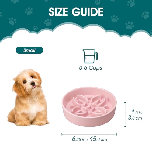 vancasso Ceramic Slow Feeder Dog Bowls, Puzzle Dog Food Bowls with Floral Maze, Anti -Slip Pet Food Dish for Small Breed, 0.6 Cups, Pink