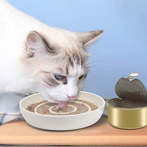 SLSON Cat Slow Feeder Bowl,Ceramic Slow Feed Cat Bowls Heavy and Shallow Wisker Stress-Free Pets Dish for Kittens Small Pets Wet Food,White