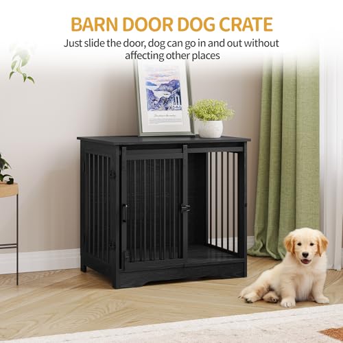 Hzuaneri 27.2" Dog Crate Furniture with Barn Door, Heavy Duty Dog Kennel Indoor with 2 Doors, Wooden Pet Cage End Table for Small Medium Dogs up to 22 lb, Anti-Chew Anti-Escape, Black DFC84304B