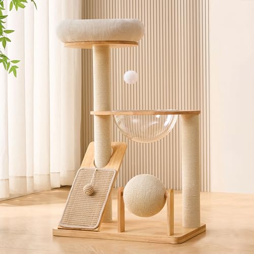 HITTITE Solid Wood Cat Tree Tower with Scratching Post, 37.8 Inches Tall Cat Towers with Scratching Board and Scratcher Ball, Modern Cat Tower With Space Capsule and Removable Top Bed for Indoor Cats.