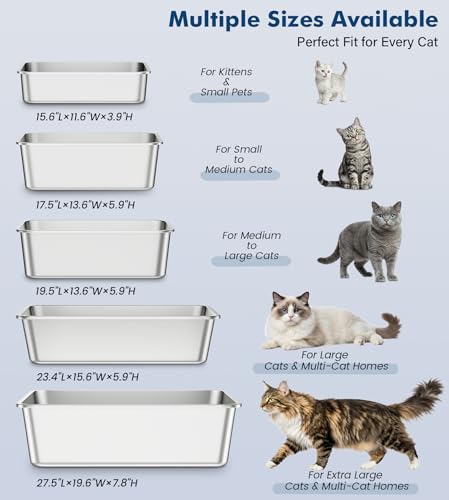 Qiuma Stainless Steel Litter Box, Metal Cat Litter Box with High Sides, Odor-Free, Non-Stick, Easy to Clean, 17.5"×13.6"×5.9", Ideal Size for Small to Medium Cats, Litter Tray