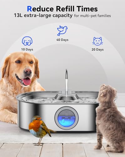 3.4Gal Dog Water Fountain for Large Dogs, 13L Stainless Steel Large Pet Fountain with Deeper & Wider Drinking Area, Automatic Dog Water Bowl Dispenser with Water Window
