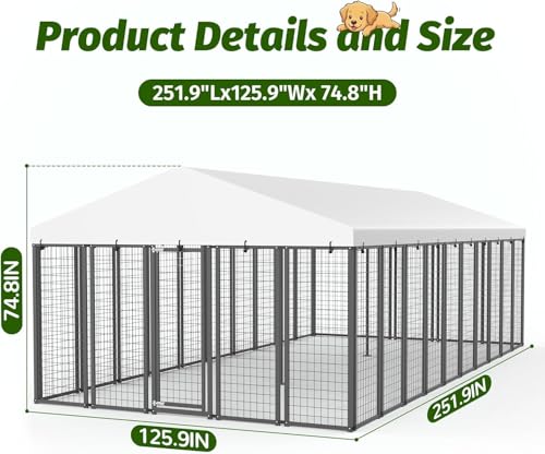 20x10 FT Outdoor Dog Kennel with Waterproof Roof, Heavy Duty Dog Enclosures with Galvanized Welded Wire Steel & Dual Safety Lock