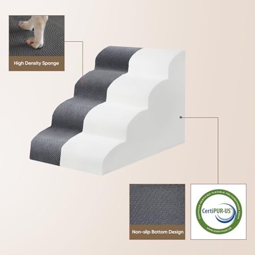PAWSCRAT Pet Stairs for Dogs 4-Step, 19.6" H Pet Stairs for High Bed, Couch Sofa & Chair, 30D Material Soft Foam Dog Steps with Non-Slip Bottom Surface Removable Washable Cover, Grey