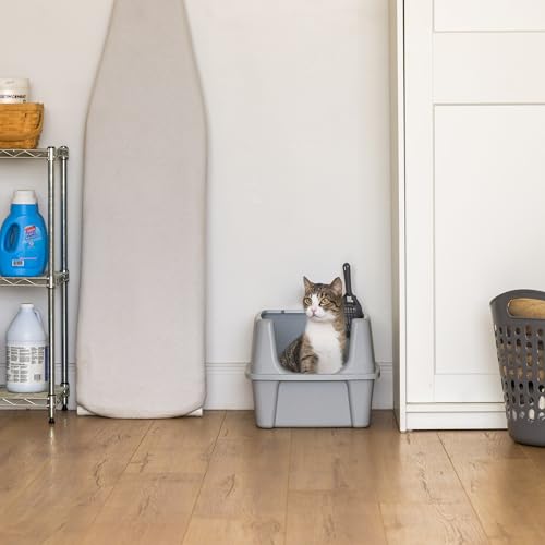 IRIS USA Cat Litter Box Large Open Top with High Sided Walls Tall Scatter Shield Scoop Included Easy Clean Plastic Pan Stain Resistant for Big Cats Kittens Indoor Multi-Cat Households