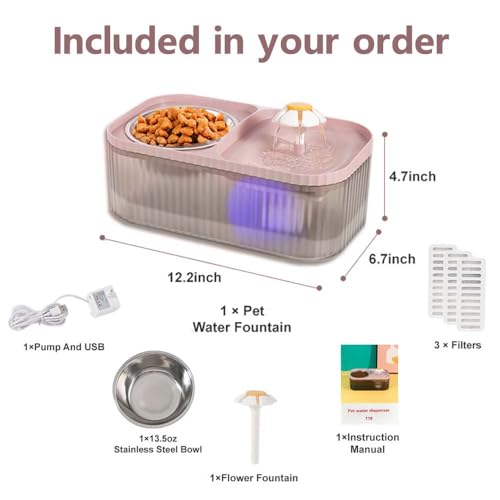 Marchul Cat Water Fountain and Stainless Steel Food Bowl, 100oz/3L Super Quiet Automatic Pet Water Dispenser with Smart Pump and 3 Replacement Filters for Cats and Small Dogs, Pink