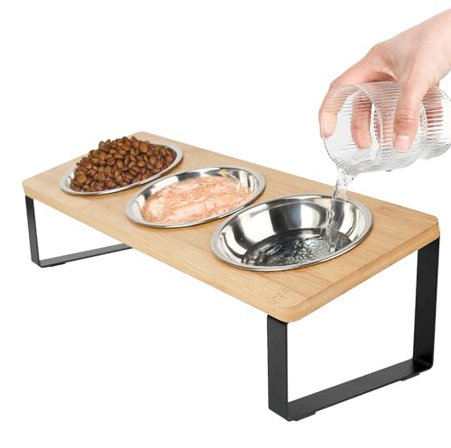 Elevated Cat Bowl, 15° Tilted Cat Bowl Stand with 3 Stainless Steel Bowls for Indoor Cats and Pet, Raised Cats Bowls for Food and Water