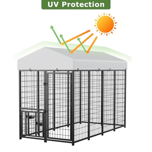 ROOMTEC Heavy Duty Outdoor Dog Kennel with Rotating Bowls, 8 x 4 x 5.6-ft