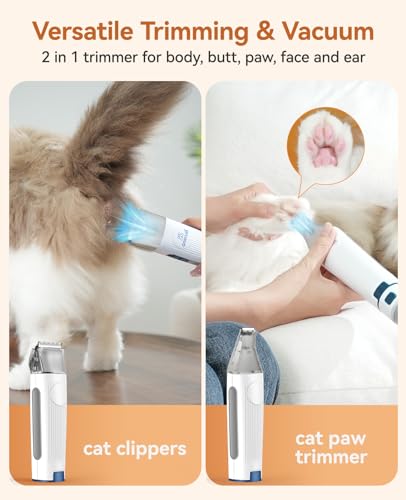 oneisall Cat Grooming Vacuum, Quiet Pet Vacuum Grooming Kit with Brush & Clippers for Hair Shedding Trimming, 6 in 1 Cat Vacuum Groomer for Pet Hair Grooming, White