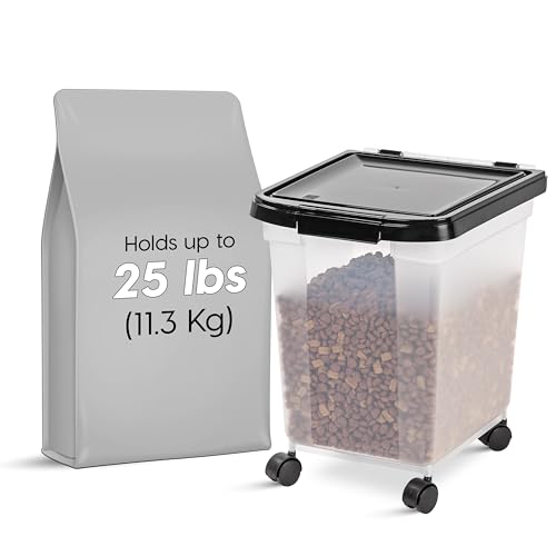 IRIS USA Airtight Dog Food Storage Container, WeatherPro, Up to 25 lbs, Removable Wheels, for Dog Cat Bird and Other Pet Food Storage Bin, Keep Fresh, Translucent Body, Made in USA, Clear/Black