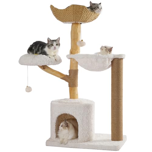 Moewrista Modern Cat Tree with Hammock 48.5 Inches Cat Tower with Scratching Post,Featuring Real Wood Post,Large Rattan Basket, Spacious Flower Perch and Condo for Indoor Cat Large Adults-Beige