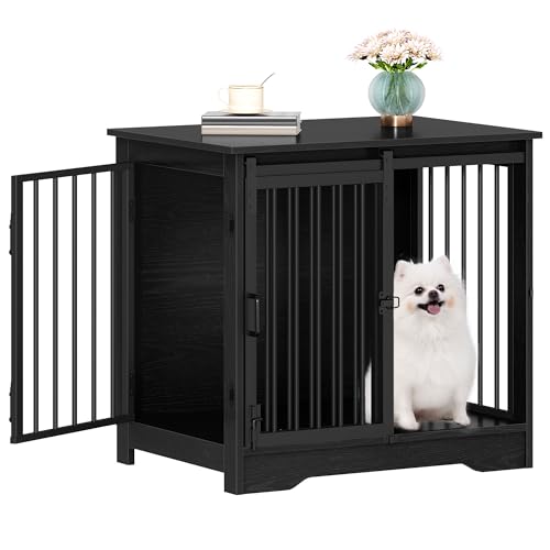 Hzuaneri 27.2" Dog Crate Furniture with Barn Door, Heavy Duty Dog Kennel Indoor with 2 Doors, Wooden Pet Cage End Table for Small Medium Dogs up to 22 lb, Anti-Chew Anti-Escape, Black DFC84304B