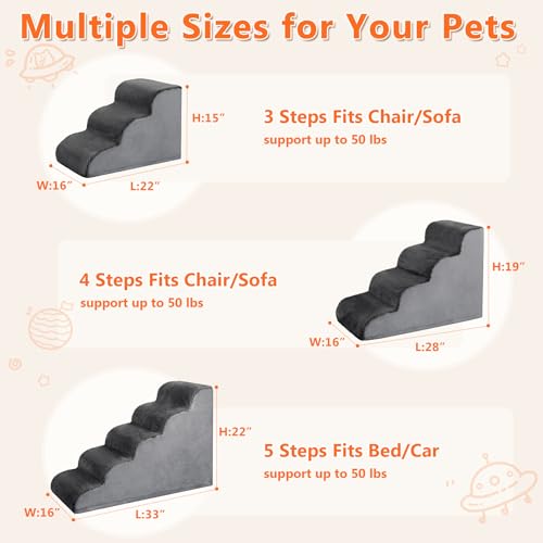 MIHIKK Dog Stairs Ramp, Curved 3-Step Dog Steps for Small Dogs and Cats, Pet Stairs for High Beds and Couch with Anti-Slip Washable Cover and Durable High Density Foam, Dark Grey