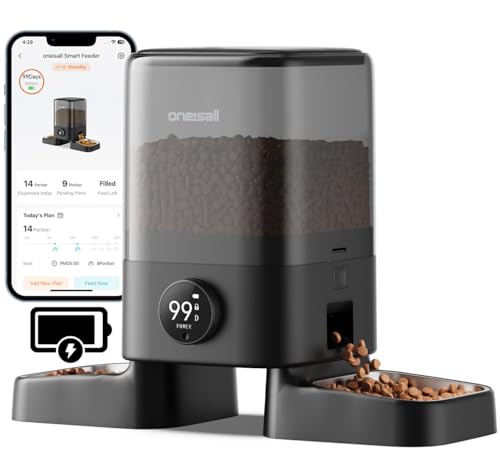 oneisall Cordless 2.4Ghz WiFi Automatic Cat Feeder for 2 Cats, Rechargeable 100-Day Battery Operated Auto Cat Feeder, 20 Cups/5L Timed Cats Food Dispenser Automatic for Large Kibble, Smart App Control