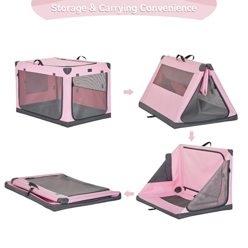PETSFIT 26" Soft Portable Dog Crate – Patented Spiral Sturdy Frame, Collapsible Travel Kennel for Small Dogs, 3 Mesh Door, Lockable Zippers, Indoor & Car Use Pink