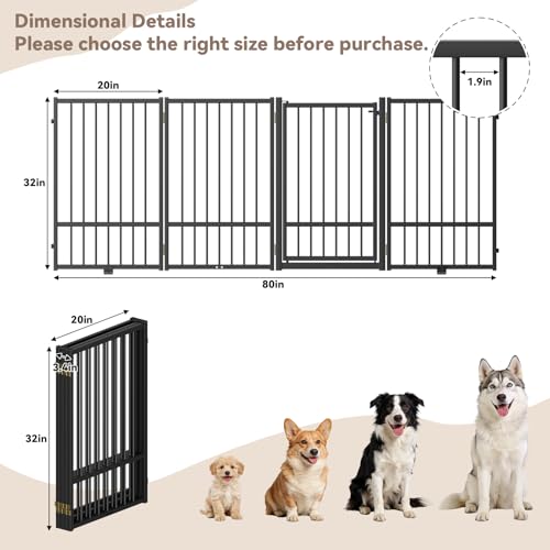 SNUOWU Full Metal Freestanding Dog Gate with Door, 32''Height Foldable Pet Dog Fence for Indoor & Outdoor, 4 Panels Extra Wide Free Standing TallDog Gates for Doorways,House,Stairs,Porch,Deck,Yard