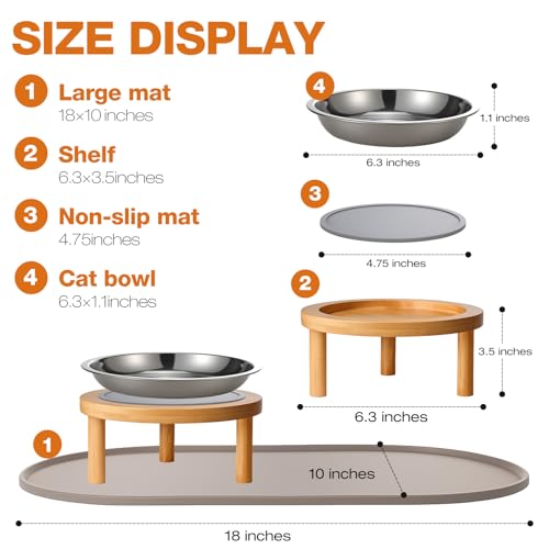 Elevated Cat Bowls with Food Mat,6.3 Inches Shallow Raised Bowls Whisker Friendly,2 Stainless Steel Cat Food and Water Dishes for Cats and Puppies,Dishwasher Safe