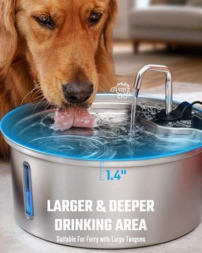 Pawccoli Dog Water Fountain Stainless Steel, 7L/1.8Gal Pet Fountain Water Bowl with Multi-Filtration & Deeper Drinking Aera, Large cat Water Fountain with Water Window & LED, Ultra-Quiet