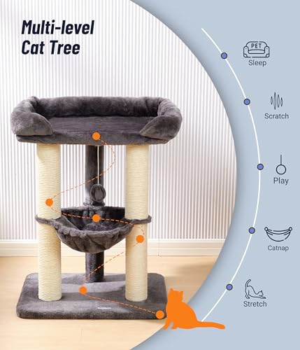 Happi N Pets 28" Cat Tree, Large Bed for Big Cats, Small Cat Tower with Soft Perch for Window Viewing, Stable Cat Tree Tower, Cat Scratching Post with Hammock, Removable Cover-Gray