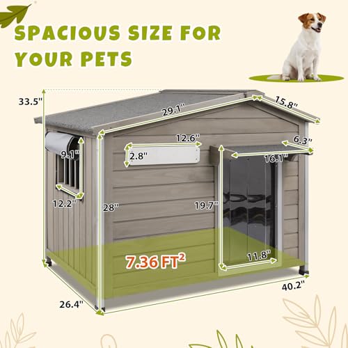 PetsCosset 40.2" L Large Dog House Outdoor & Indoor,Fir Wood Dog Kennel with Weatherproof Openable Asphalt Roof,Spacious Doghouse with Anti-Chewing Metal Edges for Small & Medium & Large Dogs,Grey