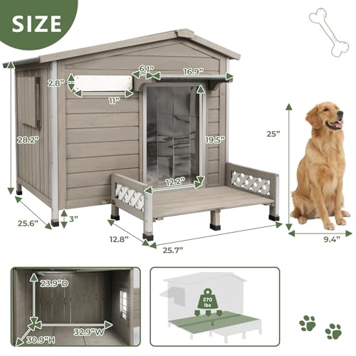 Gowoodhut Weatherproof Dog House Outdoor Wooden Chew-Proof Iron Frame, Removable Floor and Adjustable Window for Small Medium Some Large Dogs(Gray, 40" L x 40" W x 35" H)