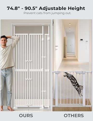Sprouterie Extra Tall Cat Gate for Doorway: 74.8"-90.5" Tall Cat Gates for Pet 30.3"-38.2" Wide Pressure Mount No Wall Drilling for Indoor Stairs Doorway Room Door Dog Safety Barrier No Toddler