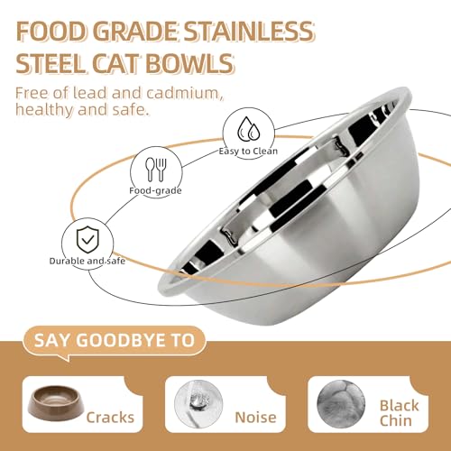 Elevated Cat Bowl, Raised Cat Food and Water Bowl Set for Indoor Cats, Splash Proof with 2 Stainless Steel Pet Food Bowls for Cats and Puppies, Whisker Fatigue and Dishwasher Safe - White