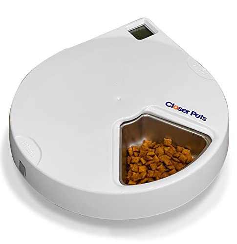 Closer Pets C500 5 Bowl Digital Timer-Controlled Automatic Pet Feeder - 5-Meal Feeder with Stainless Steel Bowl and Ice Packs, Wet or Dry Food, 5 Meals Up to 0.73 lb Each, White