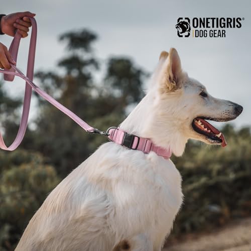 OneTigris Tough Dog Collars, Tactical Dog Collar with Handle, Milltary Adjustable Dog Collar with Heavy Duty Metal Buckle for Training (Large,Pink)
