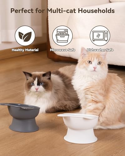 MateeyLife Elevated Cat Bowls, 2P Raised Food and Water Bowl Set for Indoor Cats & Small Dogs, Whisker Fatigue Cat Bowl, Anti Vomit Feeding Pet Bowls, 6 oz Each, Dishwasher Safe - White & Grey