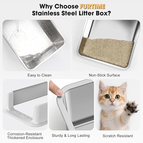 FURTIME Stainless Steel Cat Litter Box with Lid, Metal Kitty Litter Box for Small Cats, Kitten Litter Boxs with Scoop and Mat, Non-Sticky, Anti-Leakage, Easy to Clean, 17"x13"x8.4" (Small)