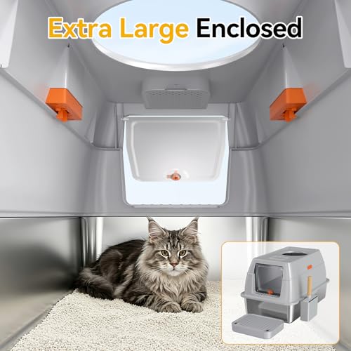 Tevila Extra Large Stainless Steel Litter Box with Lid, High Sided Enclosed Metal Cat Litter Pan, Dog Proof Front Entry Top Exit, Odor Control Easy Clean Leak Proof, Includes Scoop & Step, Light Gray