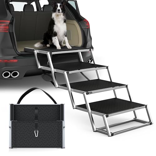PetRuna Extra Wide Dog Stairs for Large Dogs, Foldable Dog Ramp for Car with Non-Slip Surface, Dogs Stairs for Cars, High Beds, Truck, Supports up to 250 lbs, 4 Steps