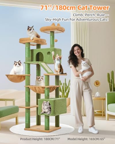 Taoqimiao Cactus Cat Tree, 71-Inch Cat Tower for Indoor Cats Large Adult, Multi-Level Large Cat Condo, 8 Sisal Scratching Posts, Metal Frame Cozy Hammock, Scratch Board, 2 Top Perches, MSC026L