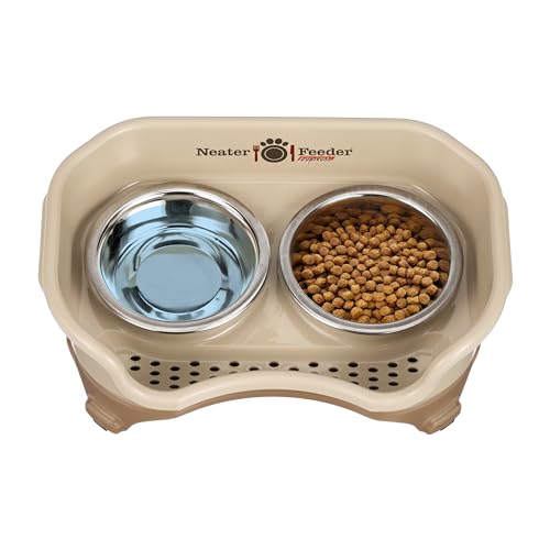 Neater Feeder Express Mess Proof Dog Bowls Elevated for Small Breeds under 15 Lb, Made in USA, No Spill Raised Dog Food Bowl Stand, Stainless Steel Food and Water Bowl Set, Feeding Station, Cappuccino