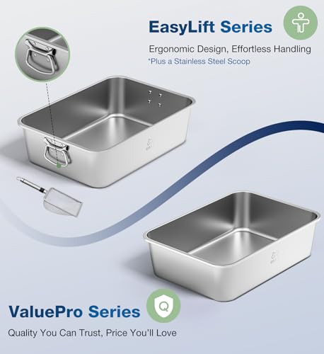 Qiuma Stainless Steel Litter Box, Metal Cat Litter Box with High Sides, Odor-Free, Non-Stick, Easy to Clean, 17.5"×13.6"×5.9", Ideal Size for Small to Medium Cats, Litter Tray