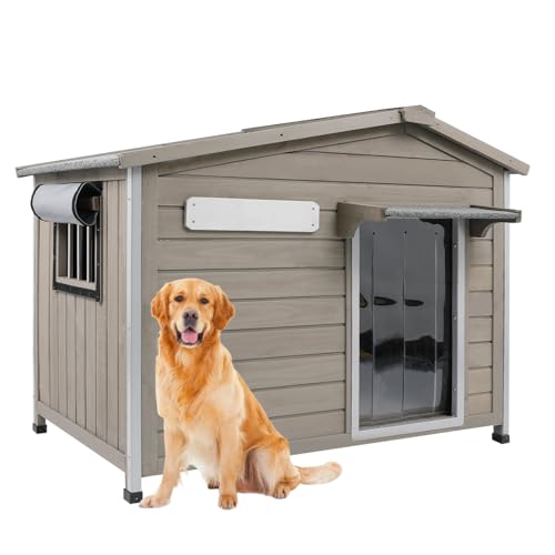PetsCosset 40.2" L Large Dog House Outdoor & Indoor,Fir Wood Dog Kennel with Weatherproof Openable Asphalt Roof,Spacious Doghouse with Anti-Chewing Metal Edges for Small & Medium & Large Dogs,Grey