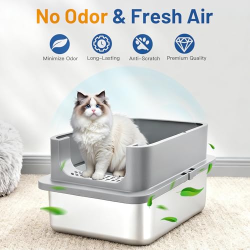 Jotesnew 2 Pack XL Stainless Steel Cat Litter Box with Lid and High Sides, 24" L x 16" W x 12" H Extra Large Metal Cat Litter Boxes for Big Cats, Leak-Proof, Non-Stick, Odor-Resistant, Includes Scoop