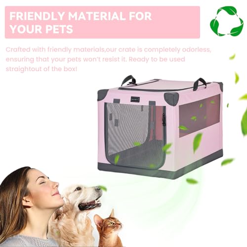 PETSFIT 26" Soft Portable Dog Crate – Patented Spiral Sturdy Frame, Collapsible Travel Kennel for Small Dogs, 3 Mesh Door, Lockable Zippers, Indoor & Car Use Pink