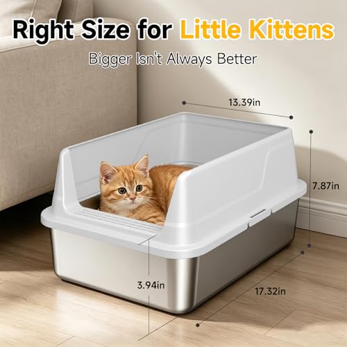 Tevila Stainless Steel Litter Box with High Sides, Small Metal Litter Box for Kittens & Senior Cats, Open Top Low Entry Non-Stick Easy Clean with Scoop, Gray