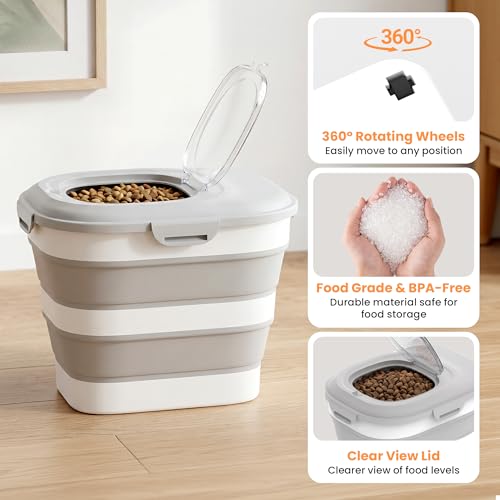 NURYO 30 Lbs Dog Food Storage Container with Wheels, Collapsible Pet Food Storage Container with Clear Window, Measuring Cup & Scoop, BPA Free Cat Food Container for Rice, Flour, Grain, Bird Seed