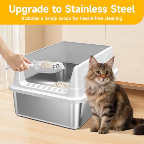 Tevila Stainless Steel Litter Box with High Sides, Small Metal Litter Box for Kittens & Senior Cats, Open Top Low Entry Non-Stick Easy Clean with Scoop, Gray