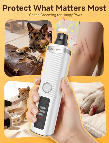 Ckin pet Dog Nail Grinder, Quiet Electric Dog Nail Trimmer with 2 LED Lights, 3-Speed Pet Nail Grinder for Dogs & Cats, Rechargeable 2000mAh Nail Grinder for Small Medium Large Dogs with Light, White