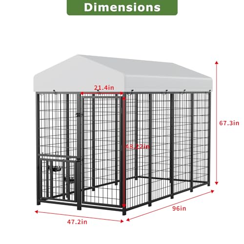 ROOMTEC Heavy Duty Outdoor Dog Kennel with Rotating Bowls, 8 x 4 x 5.6-ft